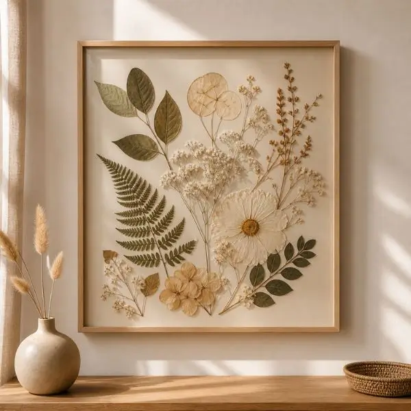 Pressed leaf wall art combined with dried flowers and natural elements in a layered botanical composition with soft natural light