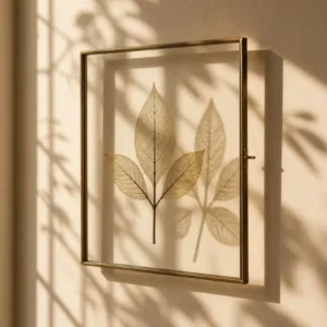 Pressed leaf shadow art with natural sunlight creating soft organic shadows on a beige wall in a minimalist interior