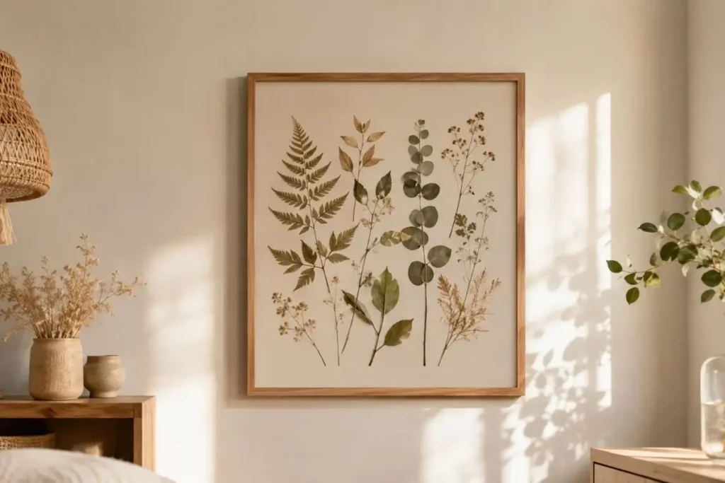 Quadro com folhas prensadas em ambiente claro com decoração natural