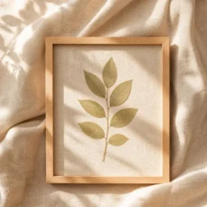 Pressed leaf wall art ideas with a single leaf in a minimalist frame on a neutral background with soft natural light
