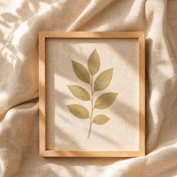 Pressed leaf wall art ideas with a single leaf in a minimalist frame on a neutral background with soft natural light