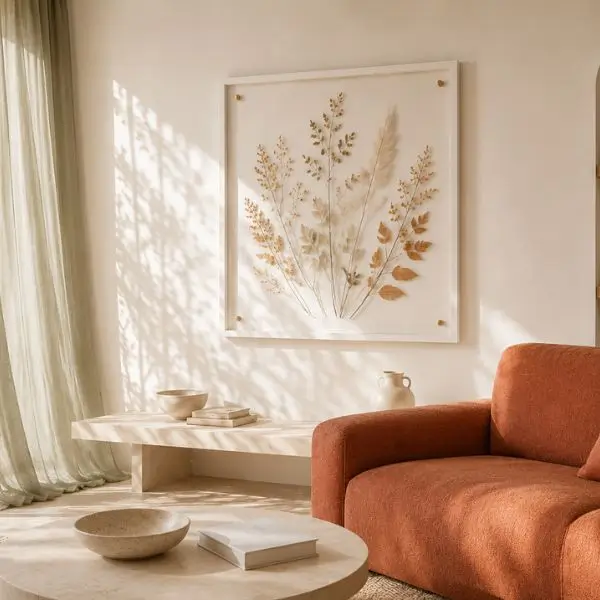 pressed leaf wall art in sophisticated minimalist living room with terracotta sofa
