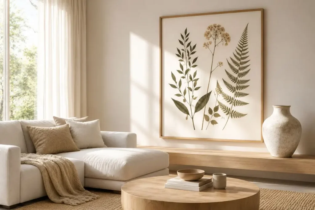 pressed leaf wall art styling in minimalist living room with soft natural light