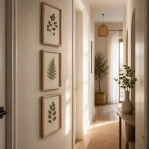 Pressed leaf wall art for narrow walls decorating a minimalist hallway with botanical frames