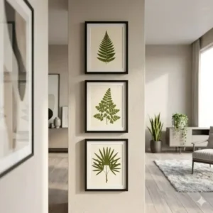 Pressed leaf wall art arranged vertically on a narrow wall in a minimalist modern interior