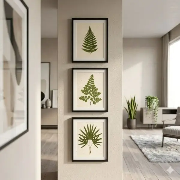 Pressed leaf wall art arranged vertically on a narrow wall in a minimalist modern interior