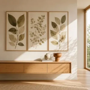 Neutral interiors with botanical decor featuring oversized pressed leaf wall art, floating oak console, and soft natural sunlight.