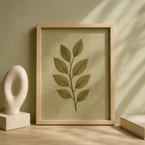 Pressed leaf wall art on textured background with modern sculpture decor in a minimalist interior with soft natural light