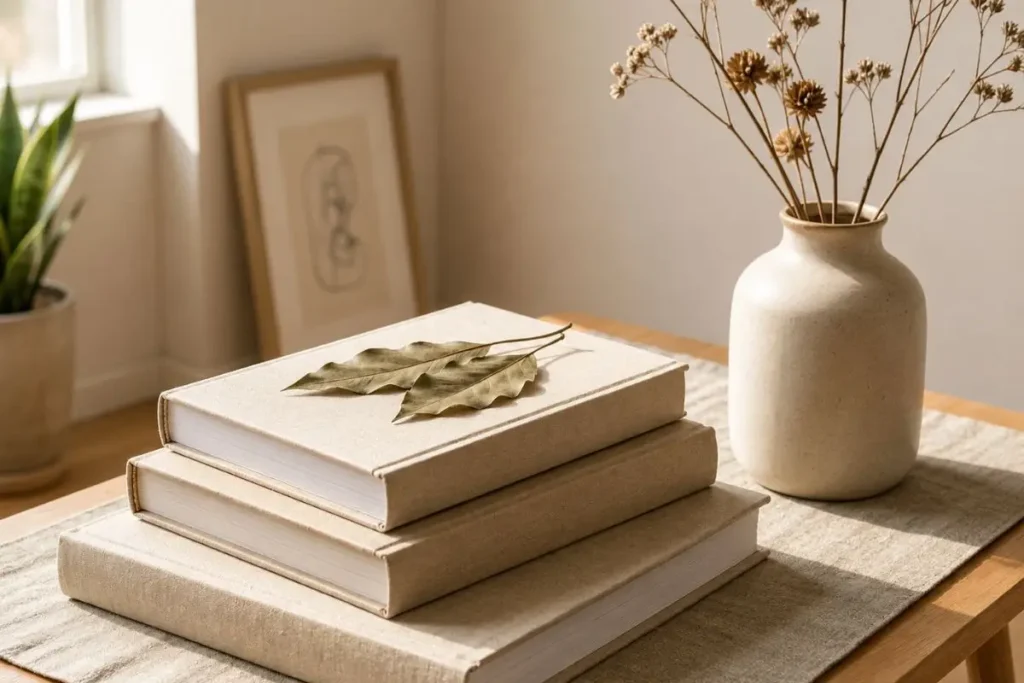 Pressed leaves styled on neutral books beside a ceramic vase in a botanical minimalist interior