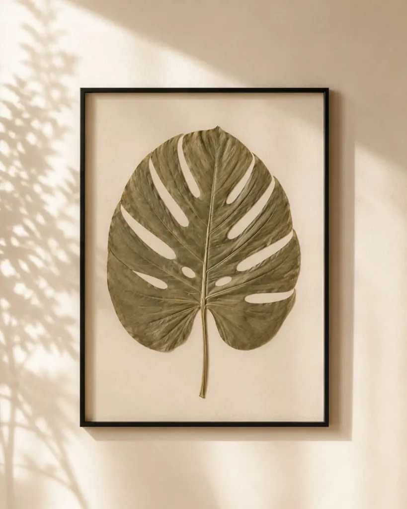 Real pressed monstera leaf wall art in thin matte black frame with minimalist Scandinavian decor