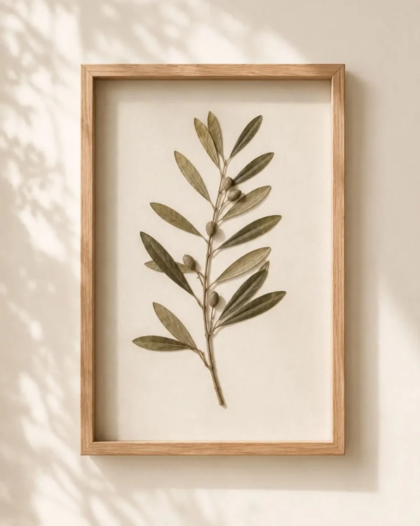Real pressed olive branch wall art in natural oak wood frame with Scandinavian minimalist decor