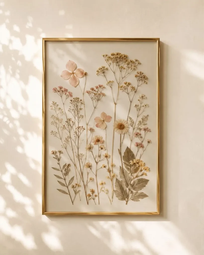 Real pressed wildflowers wall art in delicate matte gold frame with elegant botanical decor