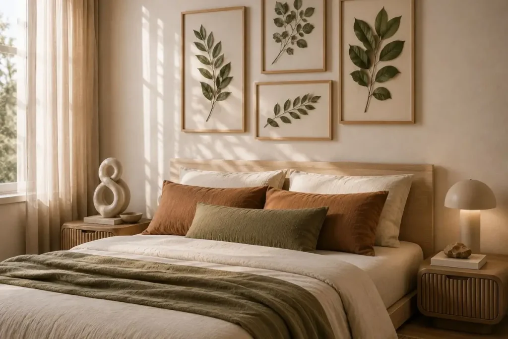 Minimalist Scandinavian bedroom with botanical wall art in natural wood frames and soft neutral decor.
