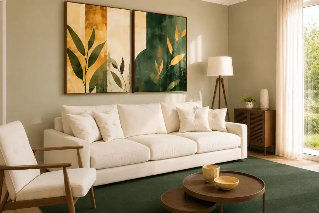 Small living room with off-white sofa, dark green rug, botanical wall art and warm natural lighting