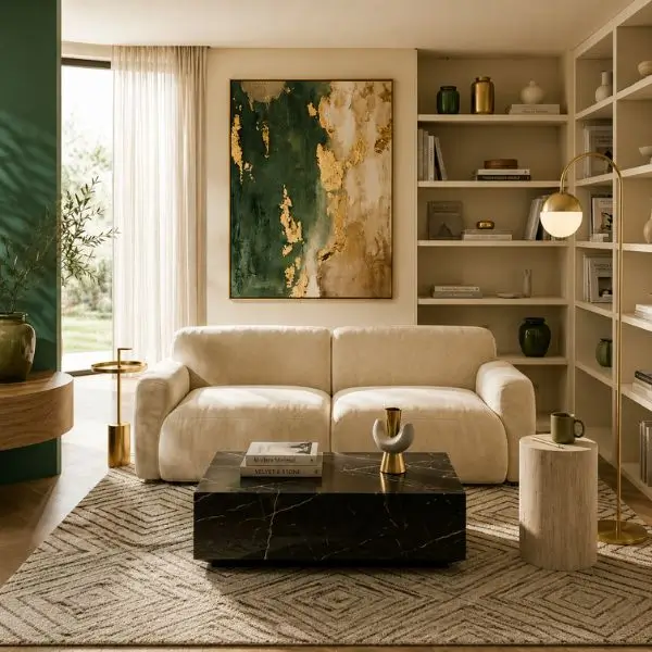 Small living room ideas that look expensive with cream sofa, black marble coffee table and luxury decor