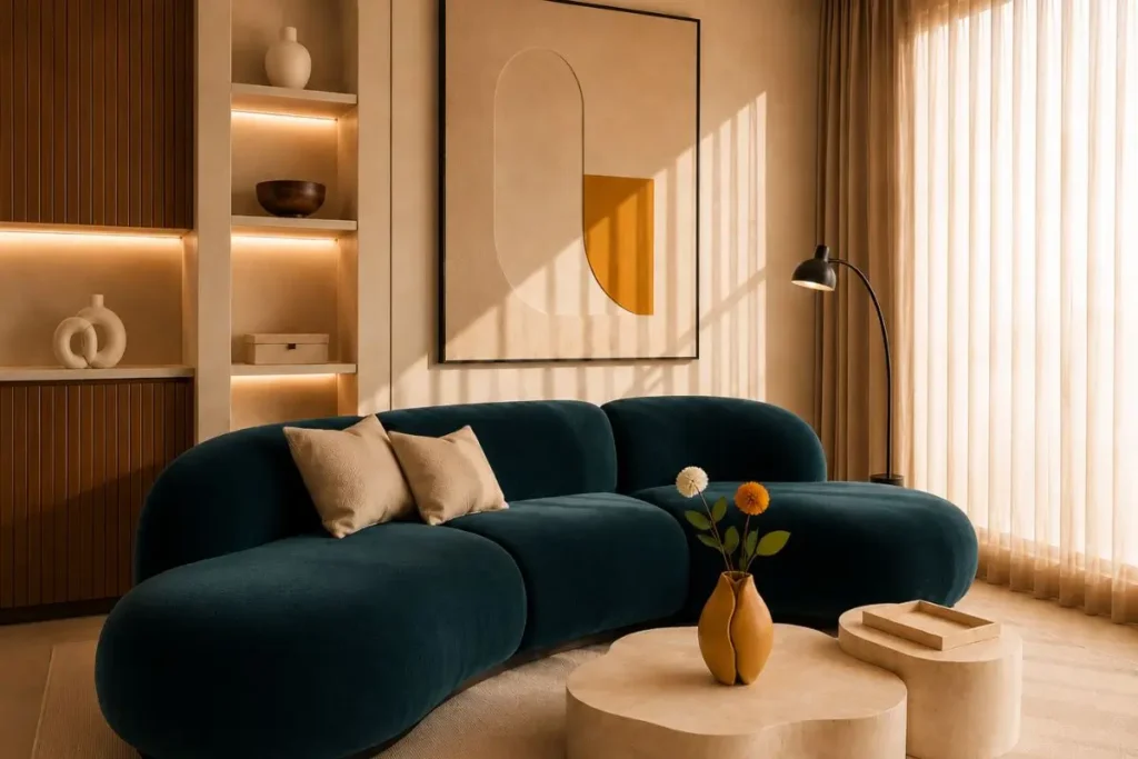 Luxury small living room with deep blue curved sofa, sculptural travertine coffee tables, warm sunlight, and modern organic decor