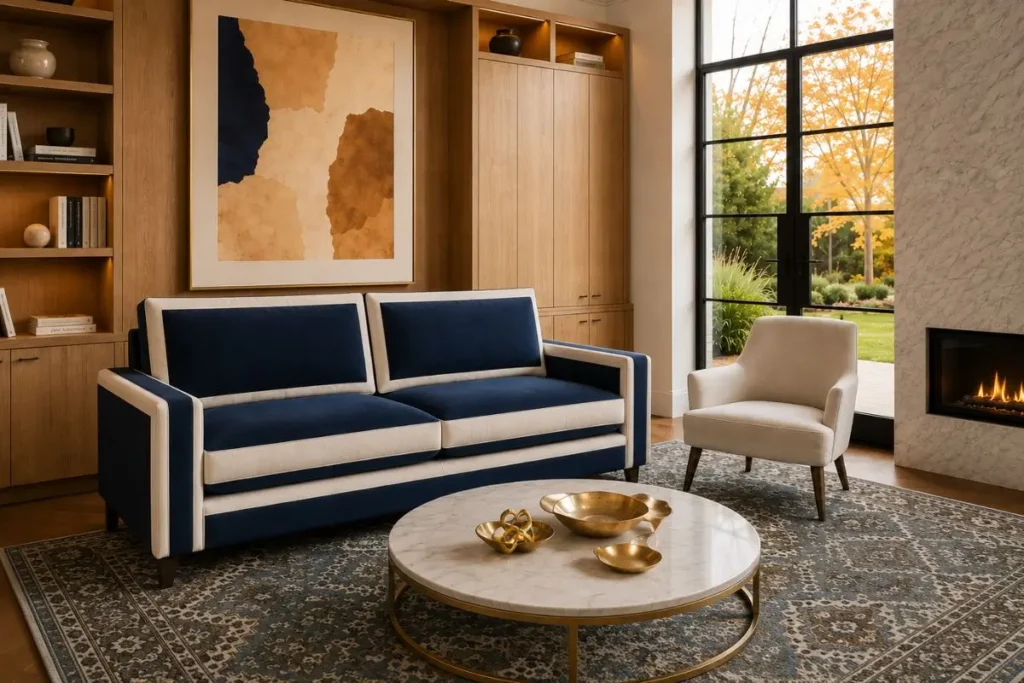 Small living room ideas that feel luxurious with navy sofa, oversized artwork, travertine coffee table and custom cabinetry