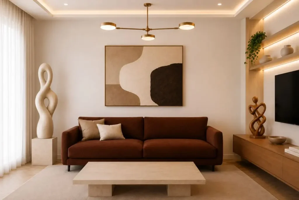 Elegant small living room with oversized wall art, mahogany sofa, neutral decor and quiet luxury interior design