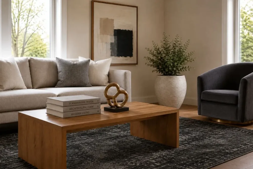 Small living room with coffee table styling, decorative books, sculptural decor, charcoal accents and neutral luxury furnishings.