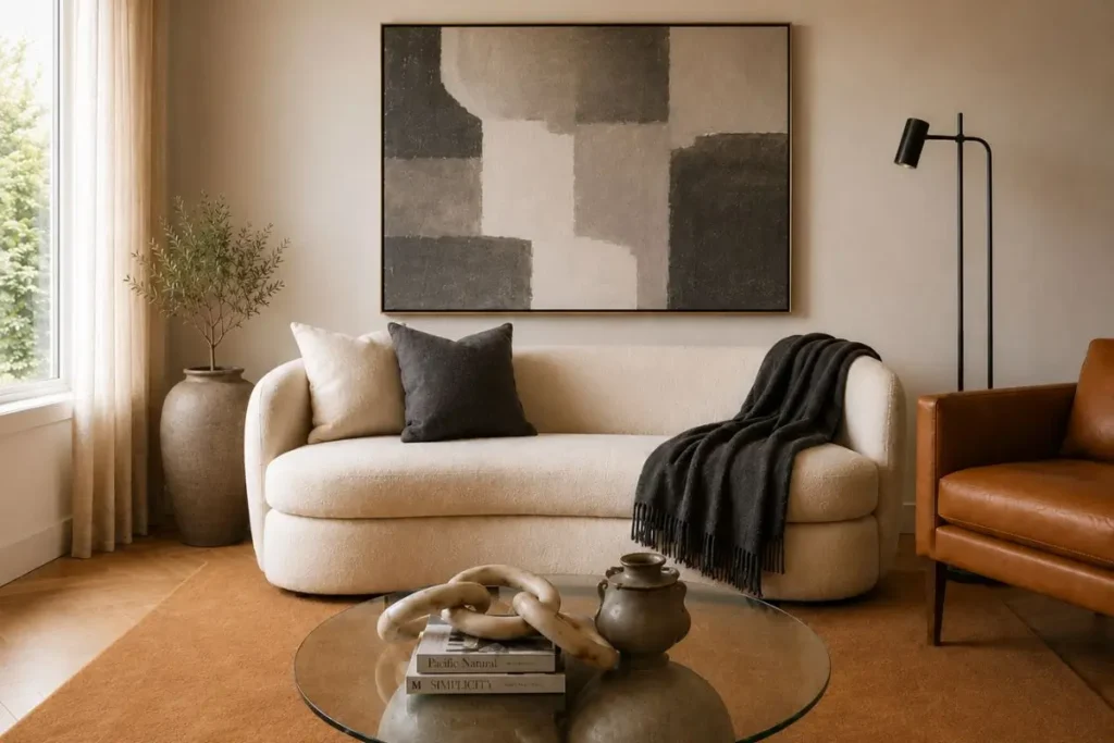 small living room ideas with visual rhythm, charcoal accents, abstract wall art and luxury neutral decor