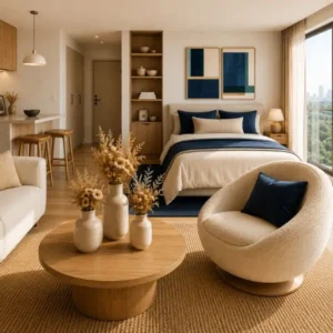 Studio apartment ideas that feel luxurious with warm neutral decor and navy blue accents