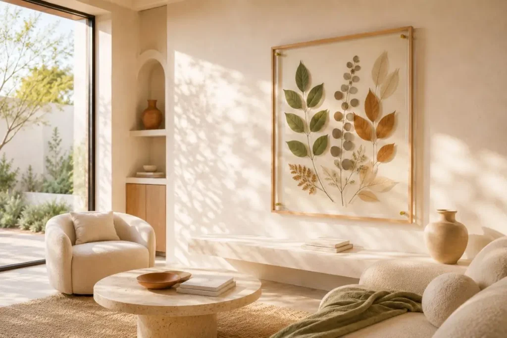 sunlit pressed leaf wall art in luxurious minimalist living room