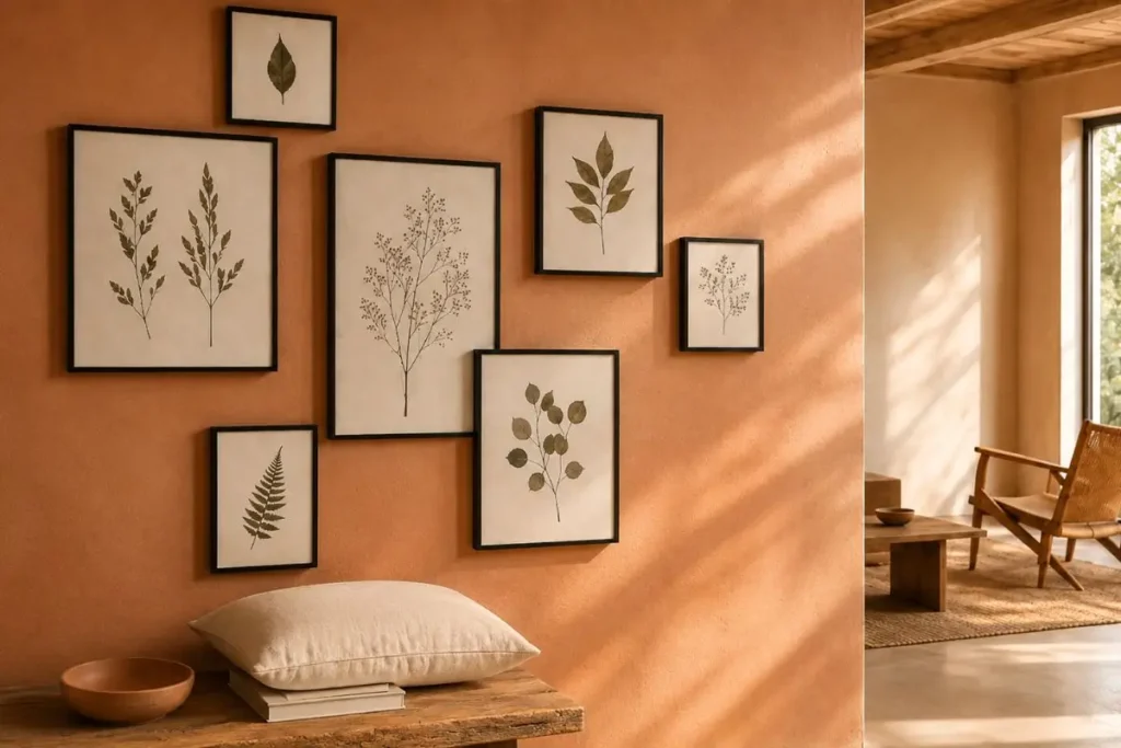 Neutral interiors with botanical decor featuring terracotta walls, pressed botanical gallery wall, and soft natural sunlight in a minimalist organic interior.