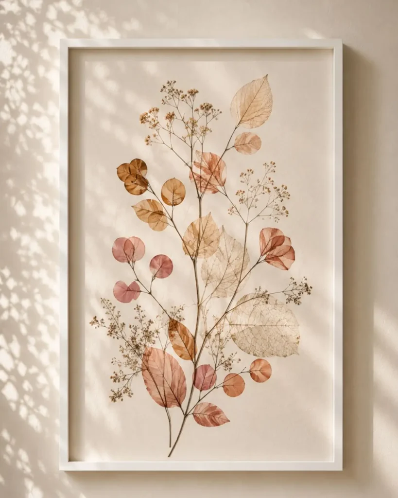 Pressed botanical wall art with terracotta and blush leaves in elegant white frame
