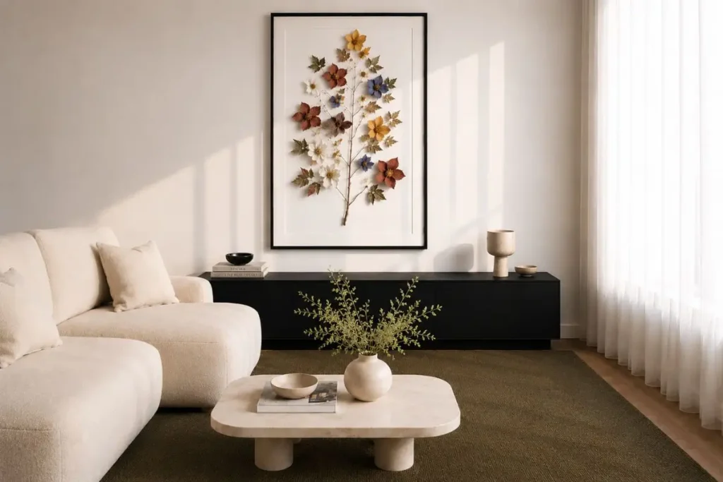 Thin black botanical frame with pressed flowers in a minimalist Scandinavian living room