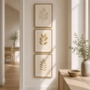 Pressed leaf wall art arranged vertically with multiple frames aligned in a narrow wall space with soft natural light