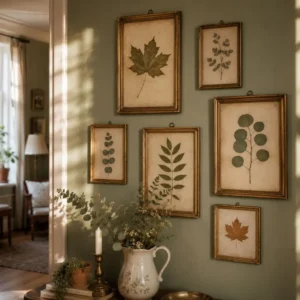 Vintage pressed leaf wall art with eucalyptus and maple leaves decorating a sage green wall