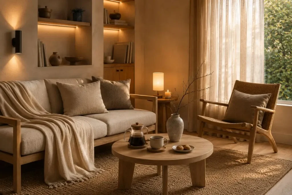 Cozy small living room with layered warm lighting, neutral furniture, coffee table styling and soft ambient atmosphere