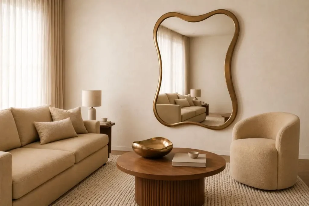 Warm beige living room with organic mirror, soft neutral textures, boucle armchair, and elegant minimalist decor.