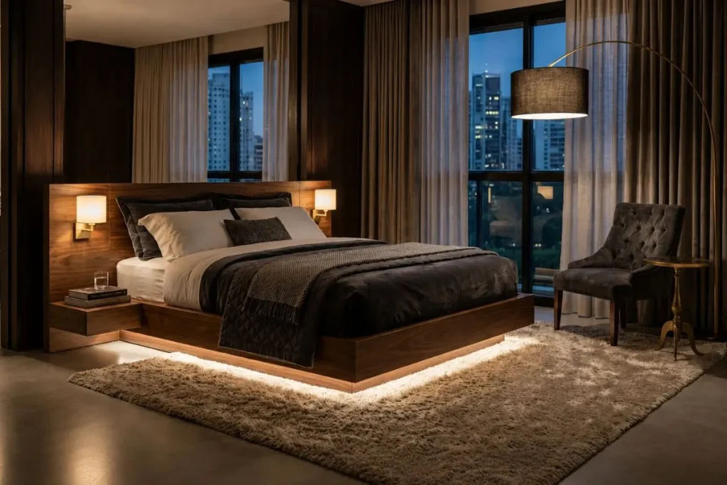 Luxury bedroom with warm ambient lighting, layered textures, dark wood furniture, and cozy hotel-inspired decor.