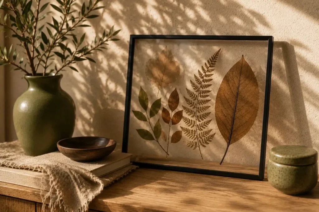 Neutral interiors with botanical decor featuring pressed leaf wall art, olive green ceramic vase, warm wood textures, and soft natural sunlight.