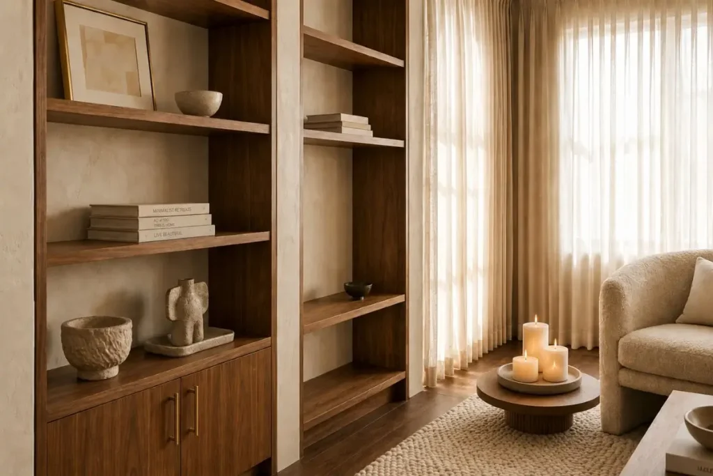 Minimalist shelf styling with warm neutral decor, candles, textured ceramics, and soft natural lighting.