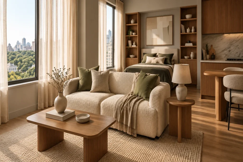Warm neutral studio apartment with a cream bouclé sofa, olive green cushions, natural wood furniture, linen curtains, and soft daylight.