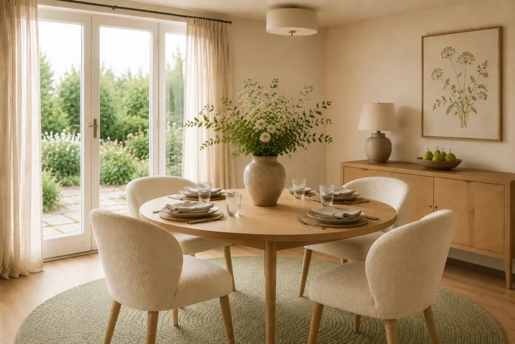 Elegant dining room with round wood table, cream bouclé chairs, botanical centerpiece, sage green rug, and natural garden-inspired decor.