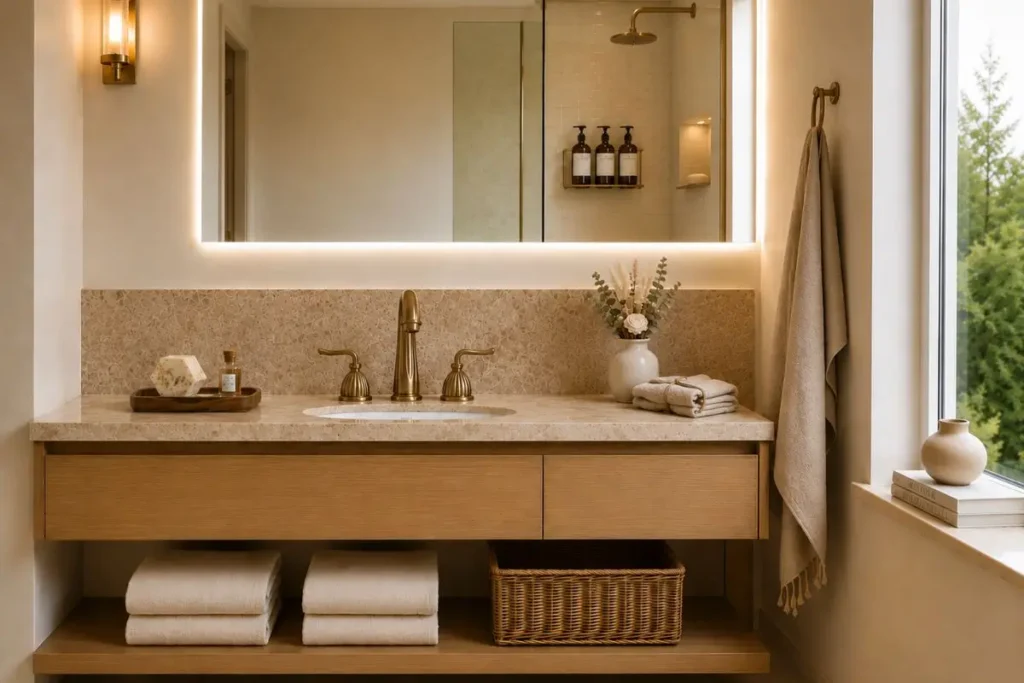 Clutter-free luxury bathroom with elegant brass faucet, organized vanity, neutral decor and spa-inspired design