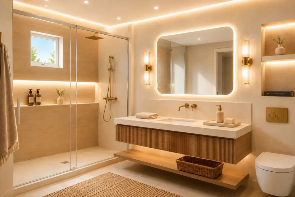 Elegant bathroom lighting with illuminated mirror, wall sconces, recessed ceiling lights and layered lighting design