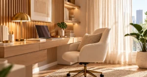 quiet luxury home office ideas for small spaces with oak slat wall, brass lamp and cream chair