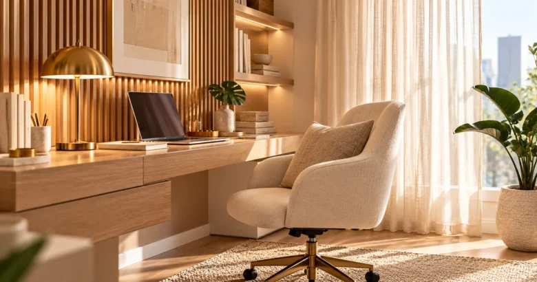 quiet luxury home office ideas for small spaces with oak slat wall, brass lamp and cream chair