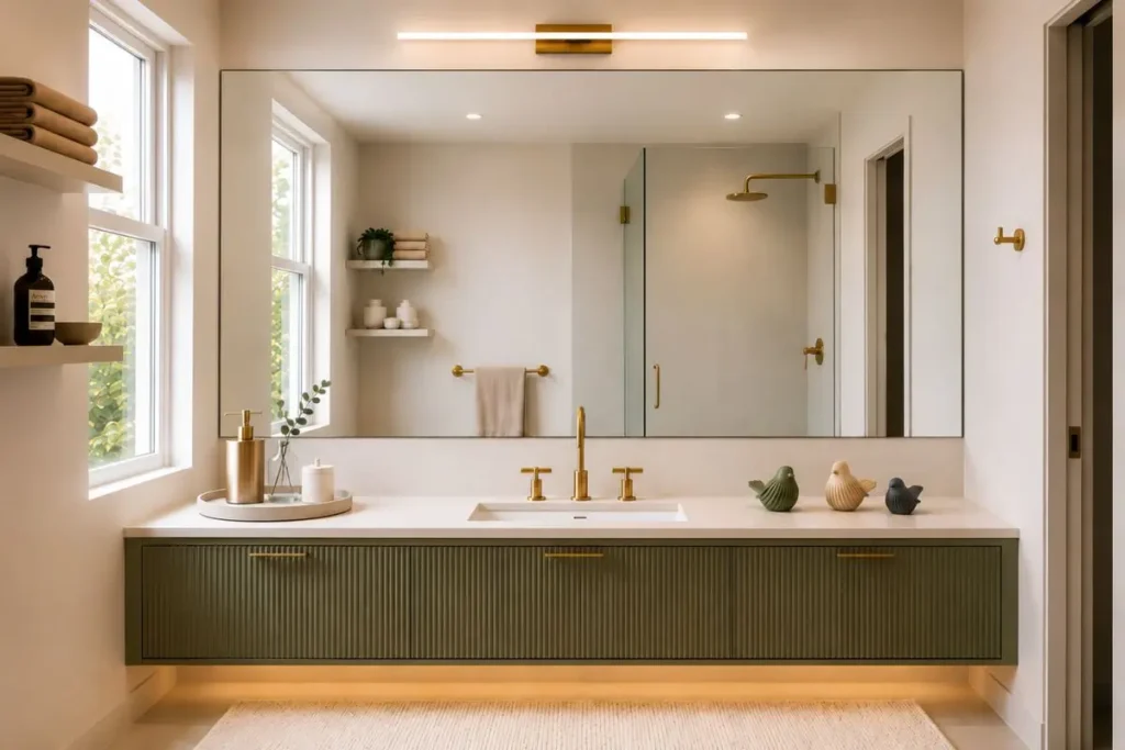 Large frameless mirror reflecting natural light in a luxury small bathroom with olive green vanity, brass fixtures and neutral decor
