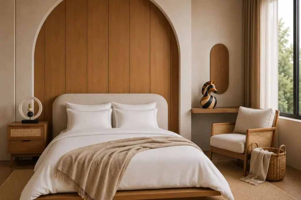 Luxury bedroom with intentional decor, sculptural accessories, woven chair and architectural wood wall