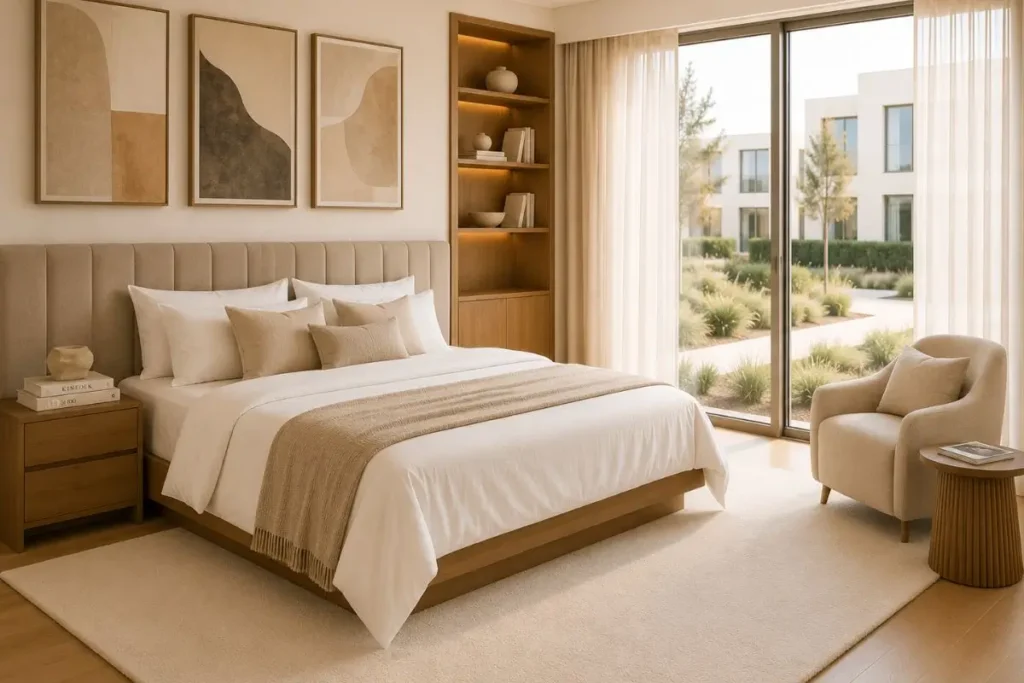 Luxury bedroom with decorative books, sculptural accent, off-white rug and neutral color palette