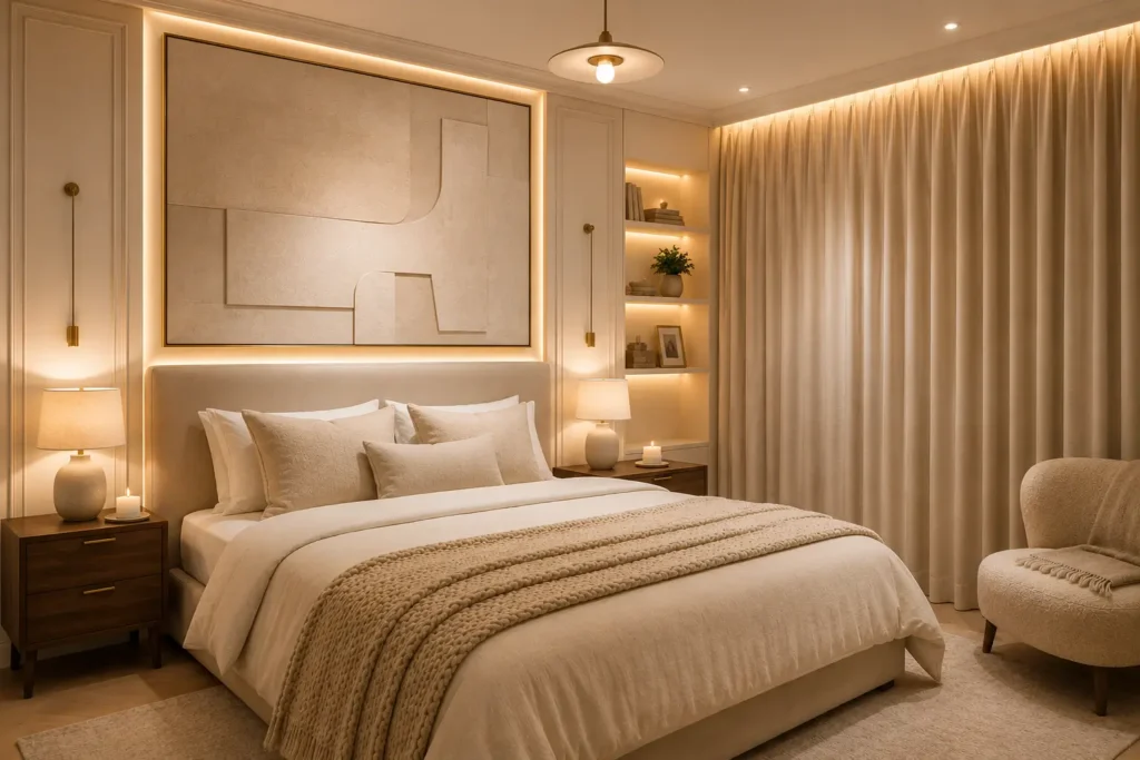 Luxury bedroom with soft neutral color palette, oversized artwork, warm ambient lighting, elegant curtains and layered bedding