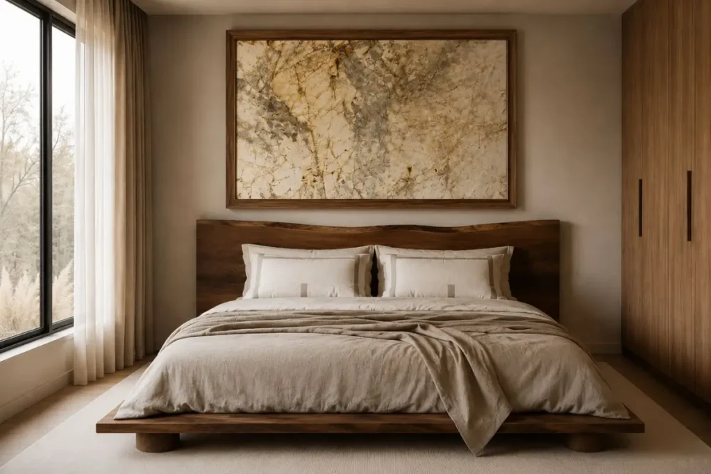 Luxury bedroom featuring a large statement artwork above a wooden platform bed with neutral bedding