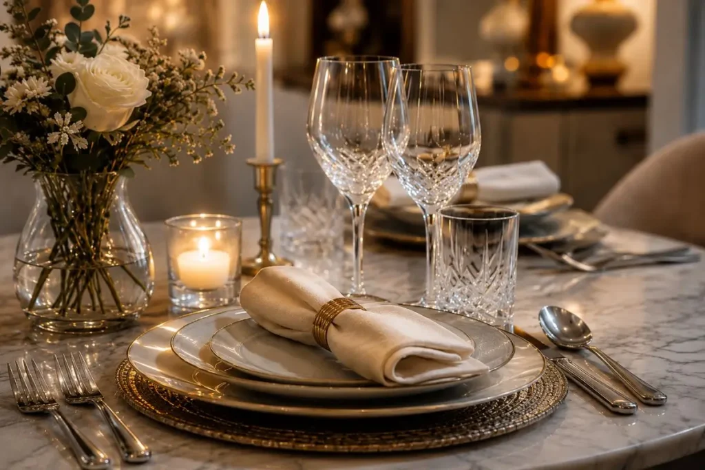 luxury table setting with crystal glassware candles flowers and elegant dinnerware in a small dining room