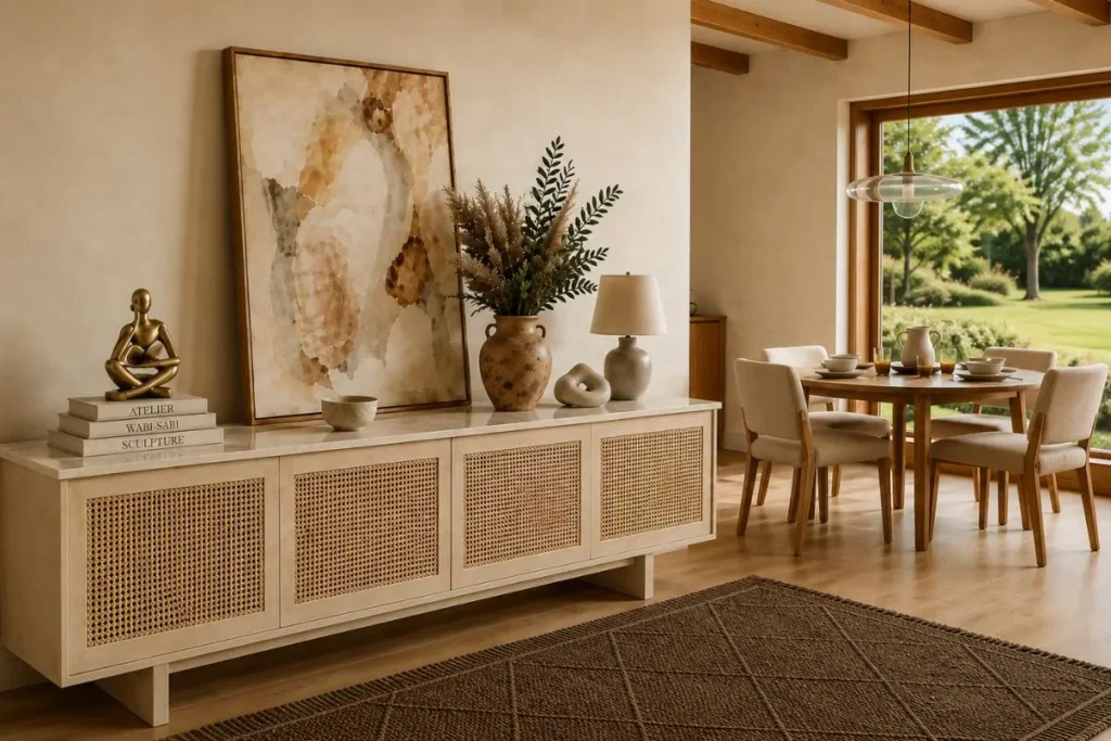 Elegant dining room featuring a rattan-front buffet cabinet, abstract artwork, decorative books, sculptural decor, and handcrafted ceramics styled with timeless design.