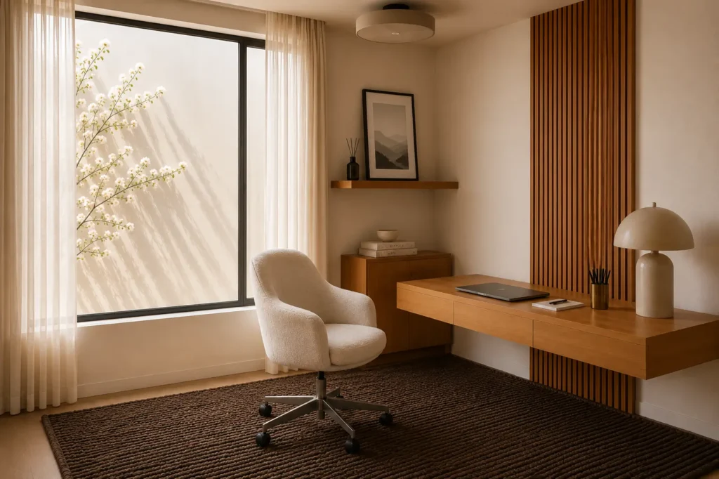 Minimalist home office with floating wooden desk, bouclé chair, dark brown textured rug and delicate flowering branches by the window